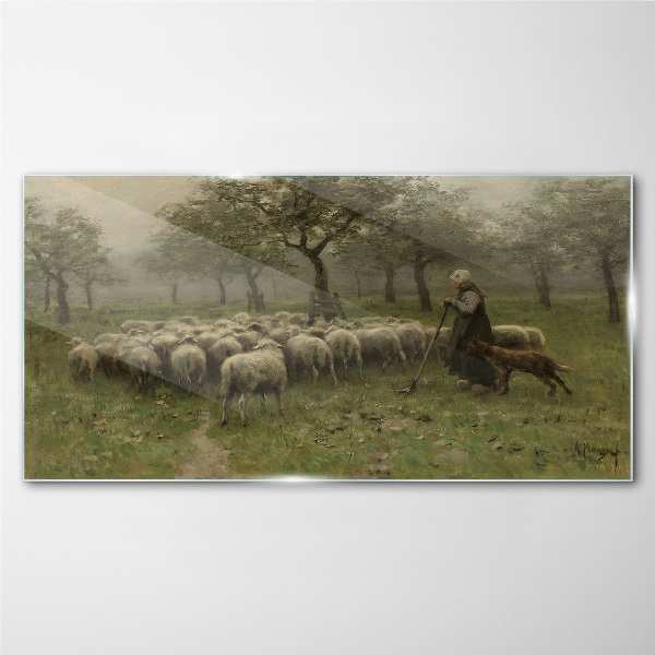 Sheep grazing in a mystical landscape Glass Wall Art