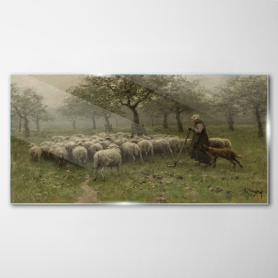 Sheep grazing in a mystical landscape Glass Wall Art