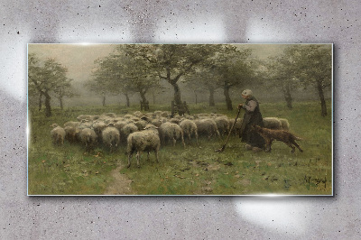 Sheep grazing in a mystical landscape Glass Wall Art