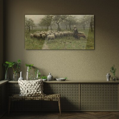 Sheep grazing in a mystical landscape Glass Wall Art