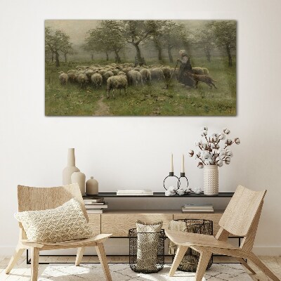 Sheep grazing in a mystical landscape Glass Wall Art