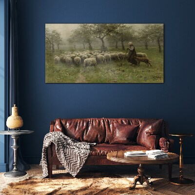 Sheep grazing in a mystical landscape Glass Wall Art