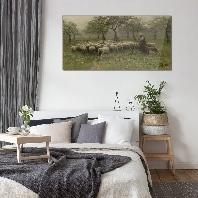 Sheep grazing in a mystical landscape Glass Wall Art
