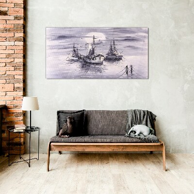 Moon night sea ships Glass Wall Art