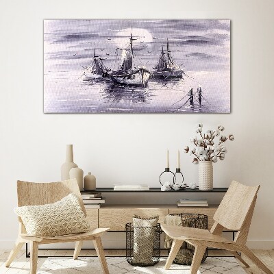 Moon night sea ships Glass Wall Art