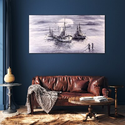 Moon night sea ships Glass Wall Art