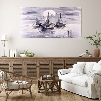 Moon night sea ships Glass Wall Art