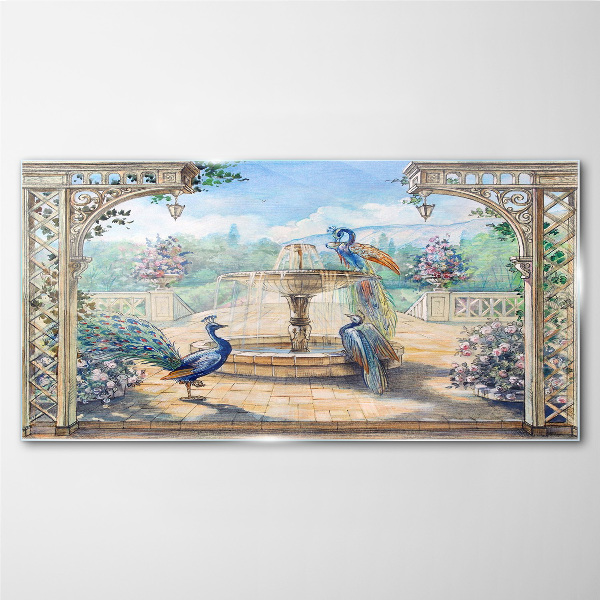 Landscape with a peacock and a fountain Glass Wall Art