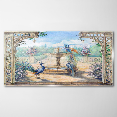 Landscape with a peacock and a fountain Glass Wall Art