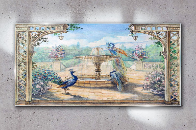Landscape with a peacock and a fountain Glass Wall Art