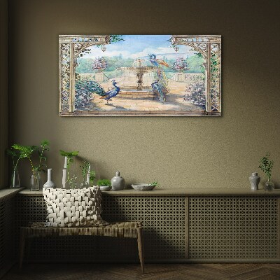 Landscape with a peacock and a fountain Glass Wall Art