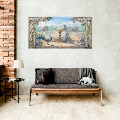 Landscape with a peacock and a fountain Glass Wall Art