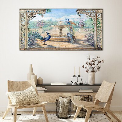 Landscape with a peacock and a fountain Glass Wall Art