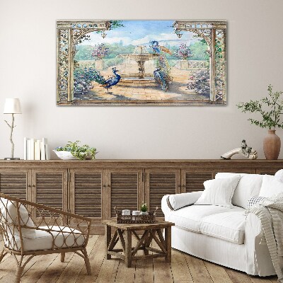 Landscape with a peacock and a fountain Glass Wall Art