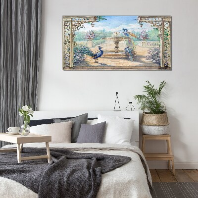 Landscape with a peacock and a fountain Glass Wall Art
