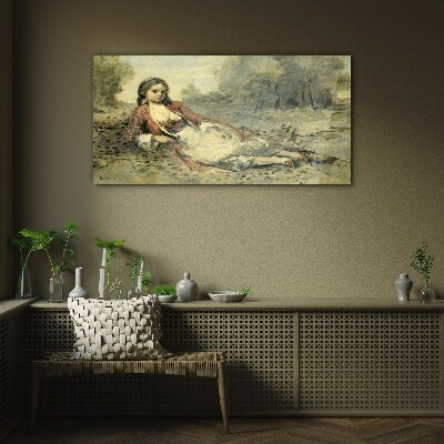Portrait of a lying girl Glass Wall Art