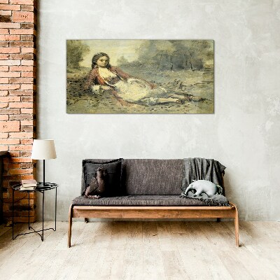 Portrait of a lying girl Glass Wall Art