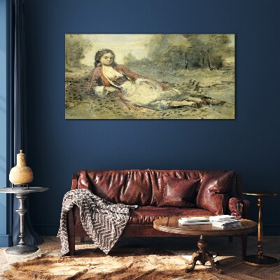Portrait of a lying girl Glass Wall Art
