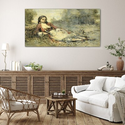 Portrait of a lying girl Glass Wall Art