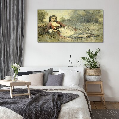 Portrait of a lying girl Glass Wall Art
