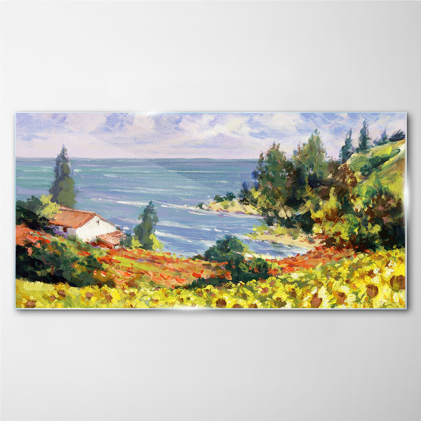 Seaside landscape with a house Glass Print