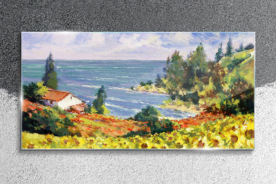 Seaside landscape with a house Glass Print