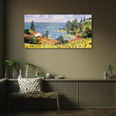 Seaside landscape with a house Glass Print