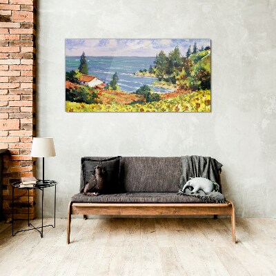 Seaside landscape with a house Glass Print