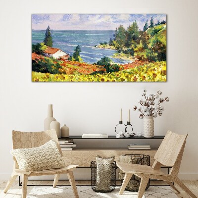 Seaside landscape with a house Glass Print
