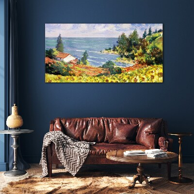 Seaside landscape with a house Glass Print
