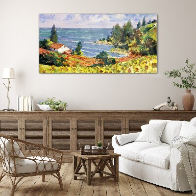 Seaside landscape with a house Glass Print