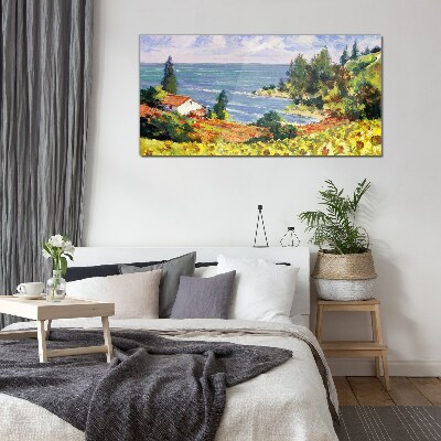 Seaside landscape with a house Glass Print