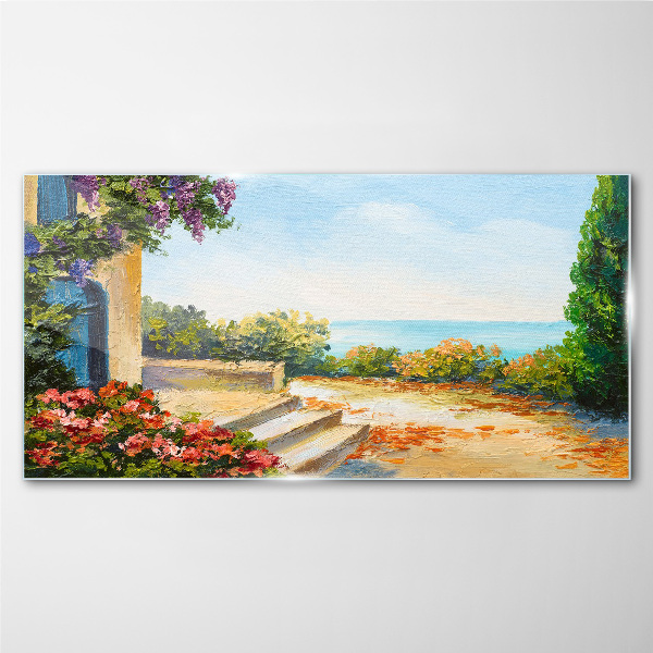 Seaside landscape with flowers Glass Wall Art