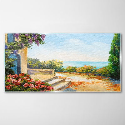 Seaside landscape with flowers Glass Wall Art