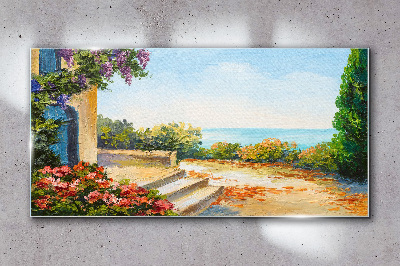 Seaside landscape with flowers Glass Wall Art