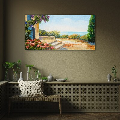 Seaside landscape with flowers Glass Wall Art