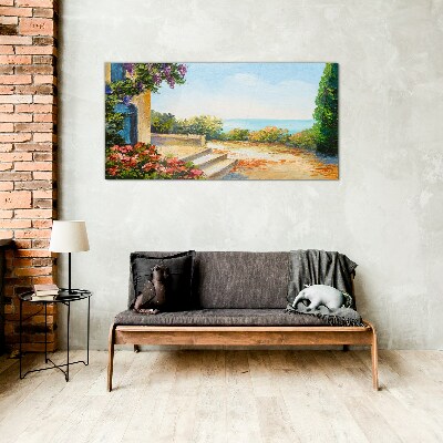 Seaside landscape with flowers Glass Wall Art