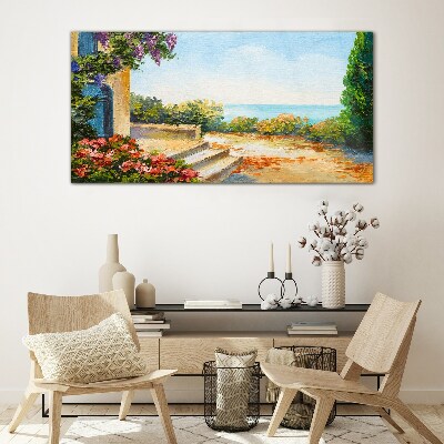 Seaside landscape with flowers Glass Wall Art
