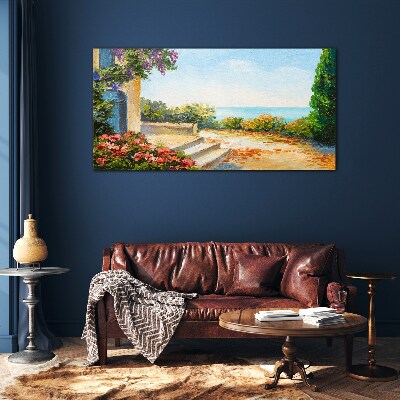 Seaside landscape with flowers Glass Wall Art
