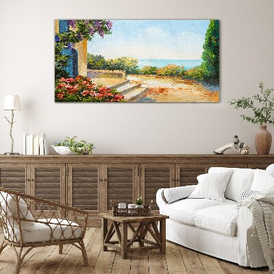 Seaside landscape with flowers Glass Wall Art