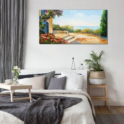 Coast flowers sea of ​​clouds Glass Wall Art