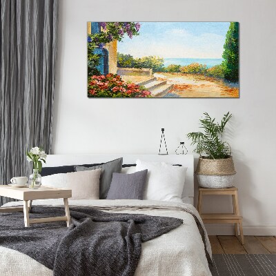 Seaside landscape with flowers Glass Wall Art