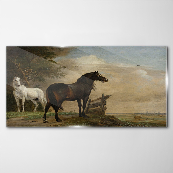 A peaceful landscape with horses Glass Wall Art