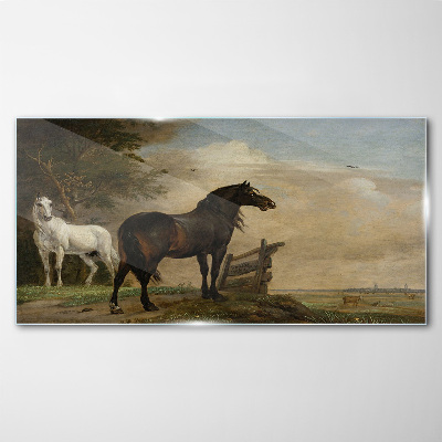 A peaceful landscape with horses Glass Wall Art