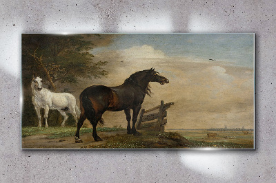 A peaceful landscape with horses Glass Wall Art