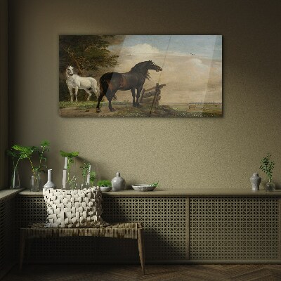 A peaceful landscape with horses Glass Wall Art