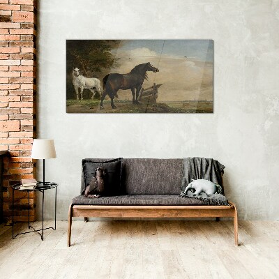 A peaceful landscape with horses Glass Wall Art