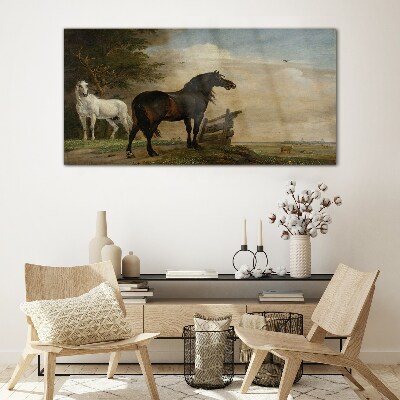 A peaceful landscape with horses Glass Wall Art