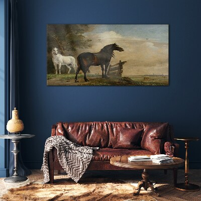 A peaceful landscape with horses Glass Wall Art