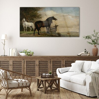 A peaceful landscape with horses Glass Wall Art